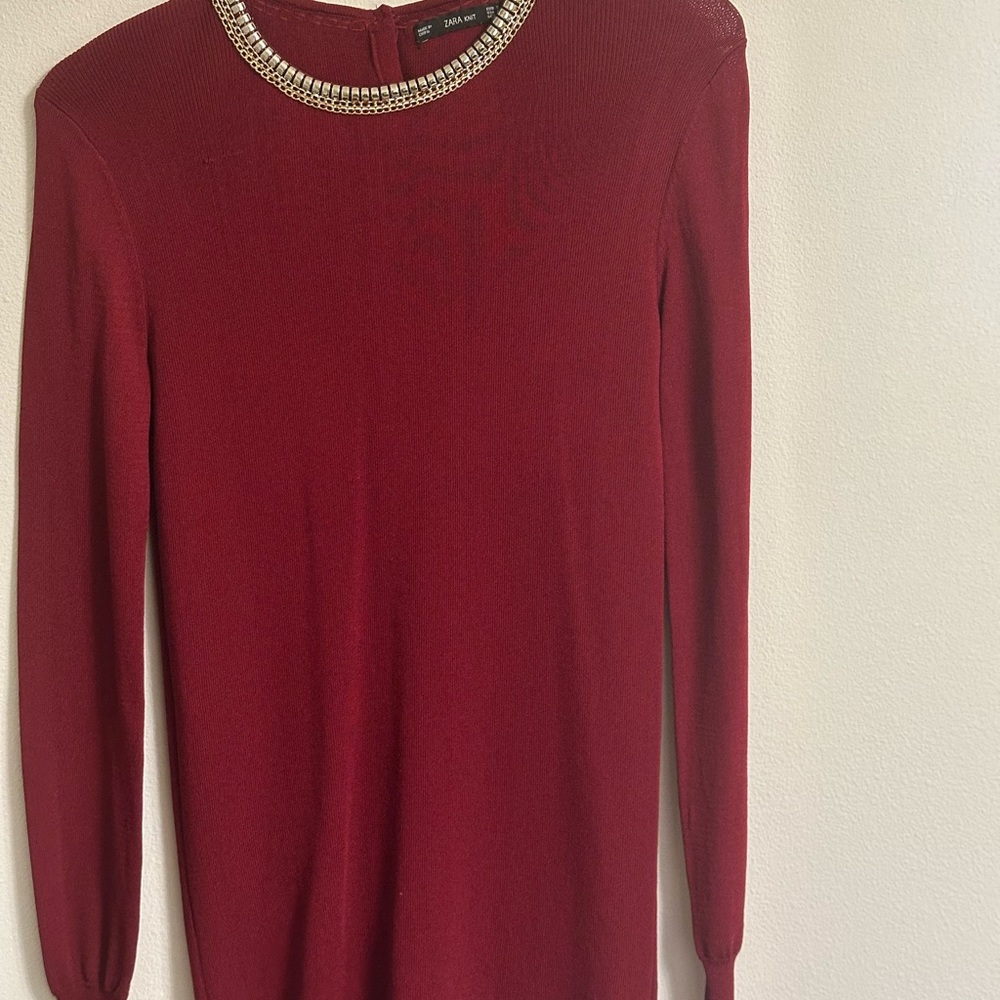 Zara Elegant Red Sweater with Embellished Neckline